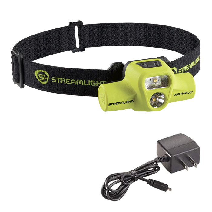 Yellow Streamlight 61463 USB HAZ-LO 250-Lumen Intrinsically Safe Rechargeable Headlamp with 120V AC Charge Cradle Rubber Hard-Hat Strap and 3M Dual Lock Elastic Head-Strap